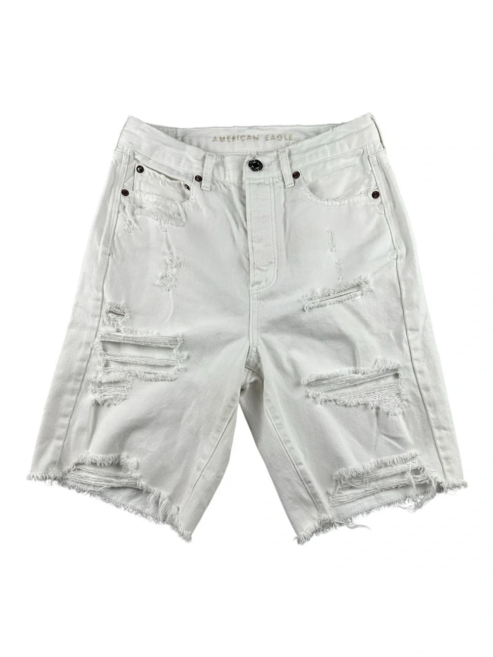 AE Sample Pre-production 90s Boyfriend Jorts White Denim Heavy Distressed Shorts